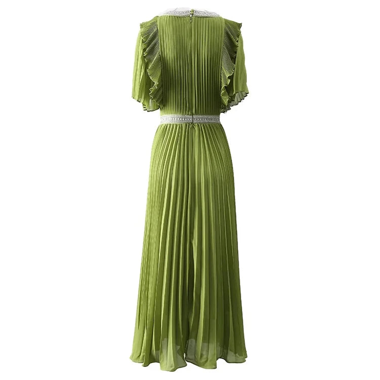 Spring Summer Women's Pleated Dress Flare Sleeved Beading Flounced Edge Dresses