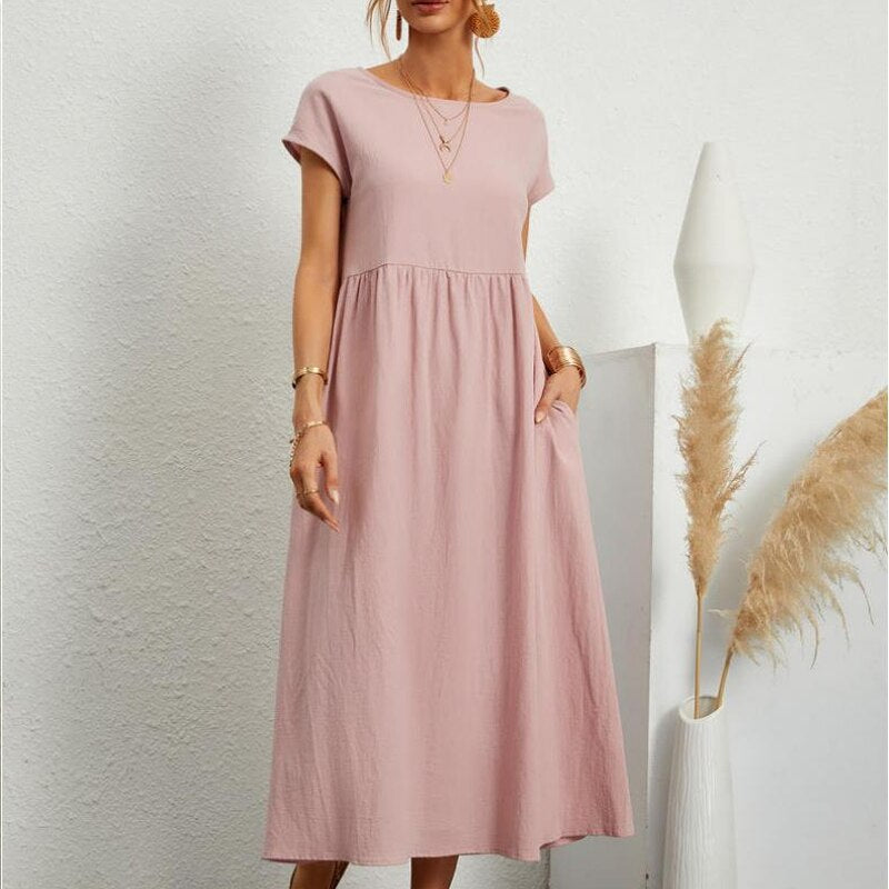 Women Short Sleeve Maxi Dresses Women O Neck Cotton Linen Long Dress Casual Loose Dress with Pocket