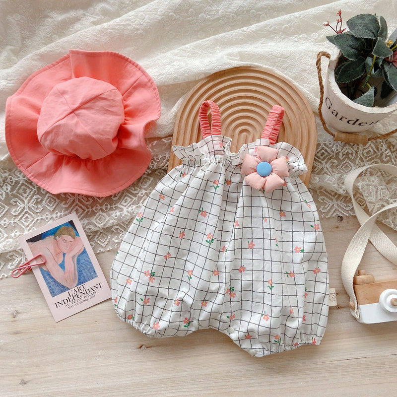 Summer Cute Sweet Baby Girl Romper Hat  Outfits Newborn Baby Thin Cotton Suspenders Clothes