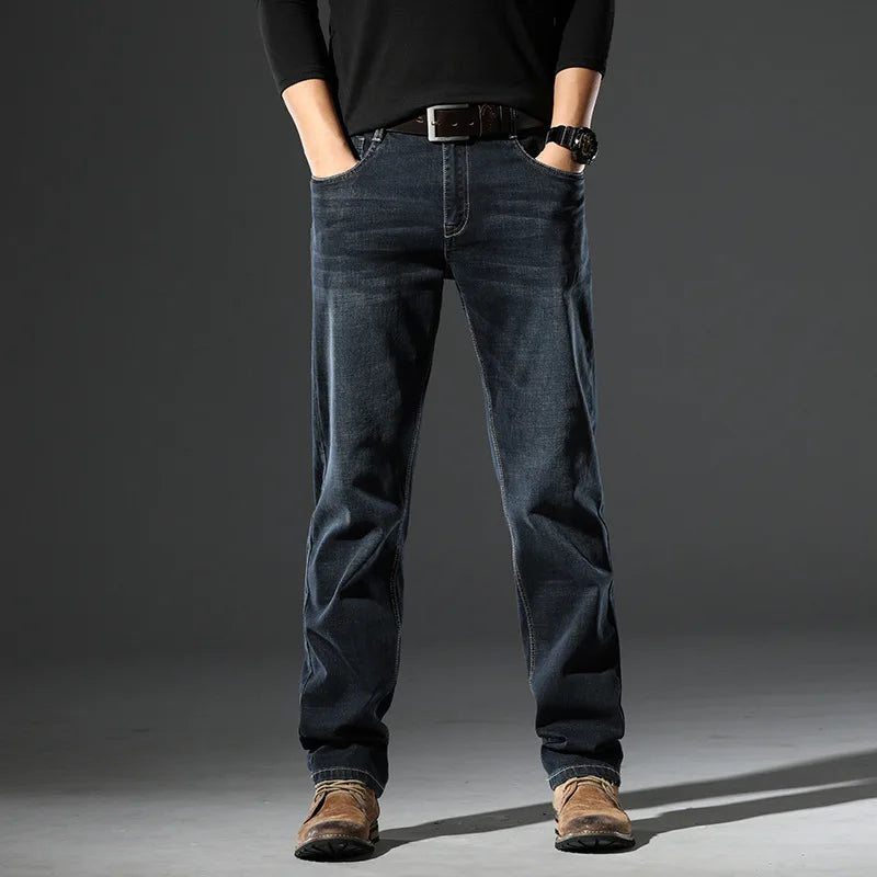 Spring and Autumn Men Mid Rise Straight Leg Jeans Elastic Business Casual Pants