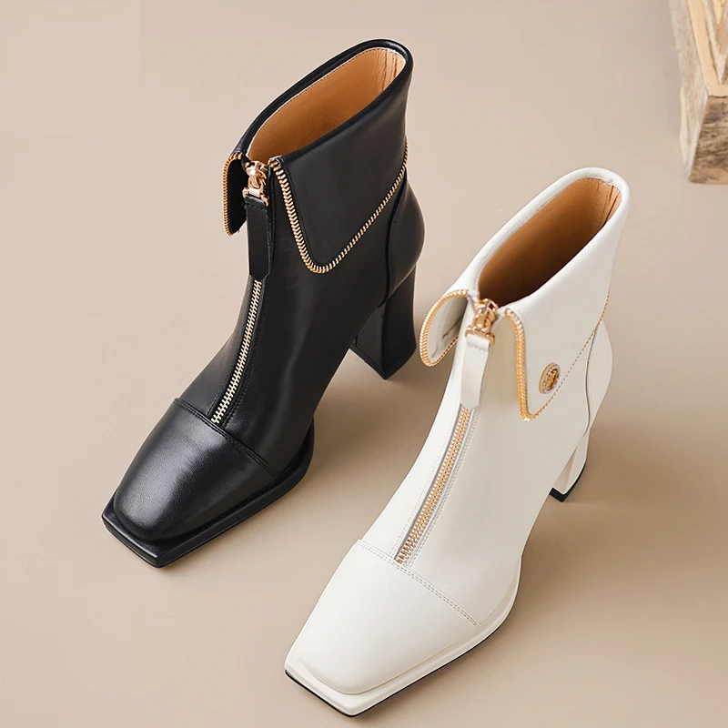 Genuine Leather Shoes Woman Ankle Boots High Heels Platform Dress Party Female Lady Zipper