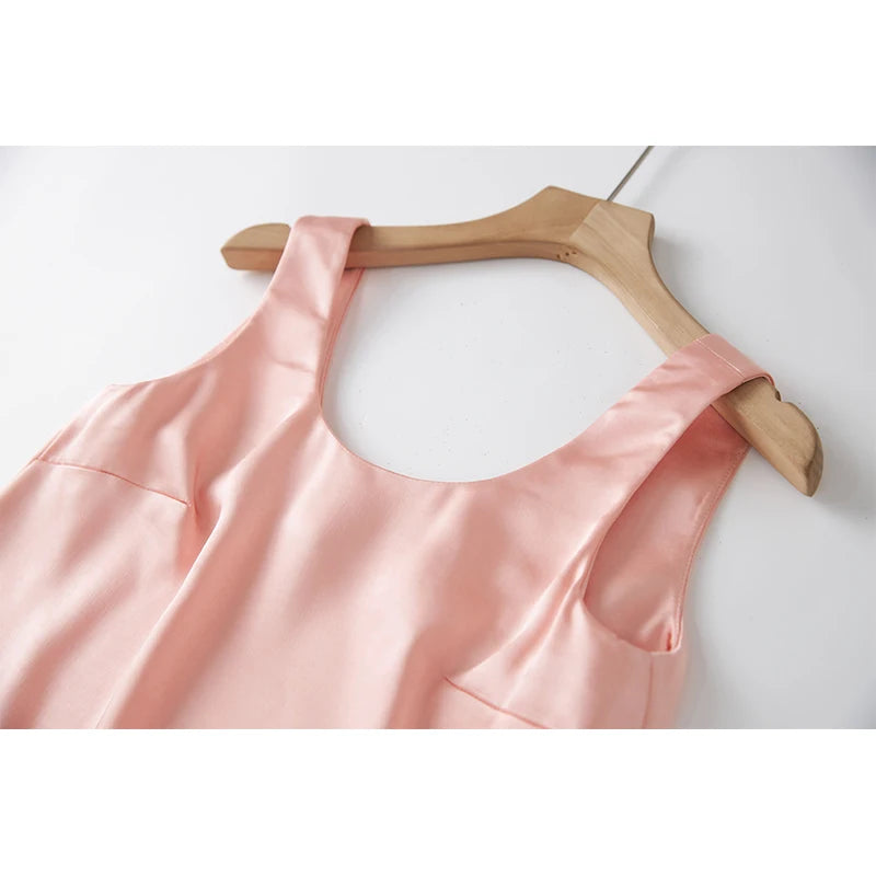 Summer Luxury Satin Fabric Vest Top Mini Skirt Sweet Pink Feather Sets Suits