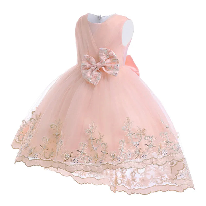 Lace Trailing Girls Princess Dress Flower Girl Party Bridesmaid Dresses Bow Elegant Kids Princess Birthday Wedding Gown 3-10Yrs