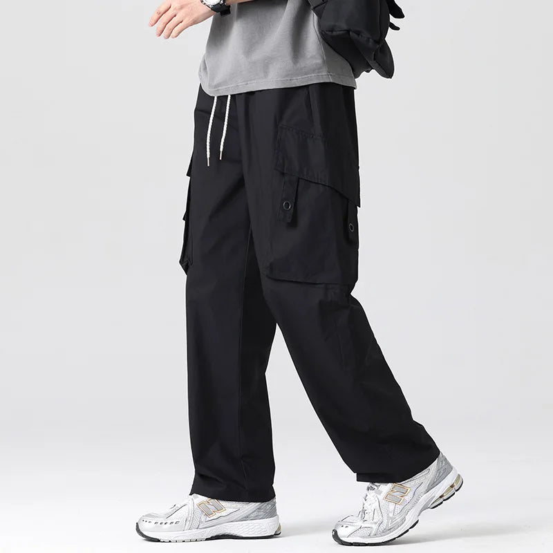 Men Cargo Pants Loose Casual Pants Straight Slanted Pocket Pants