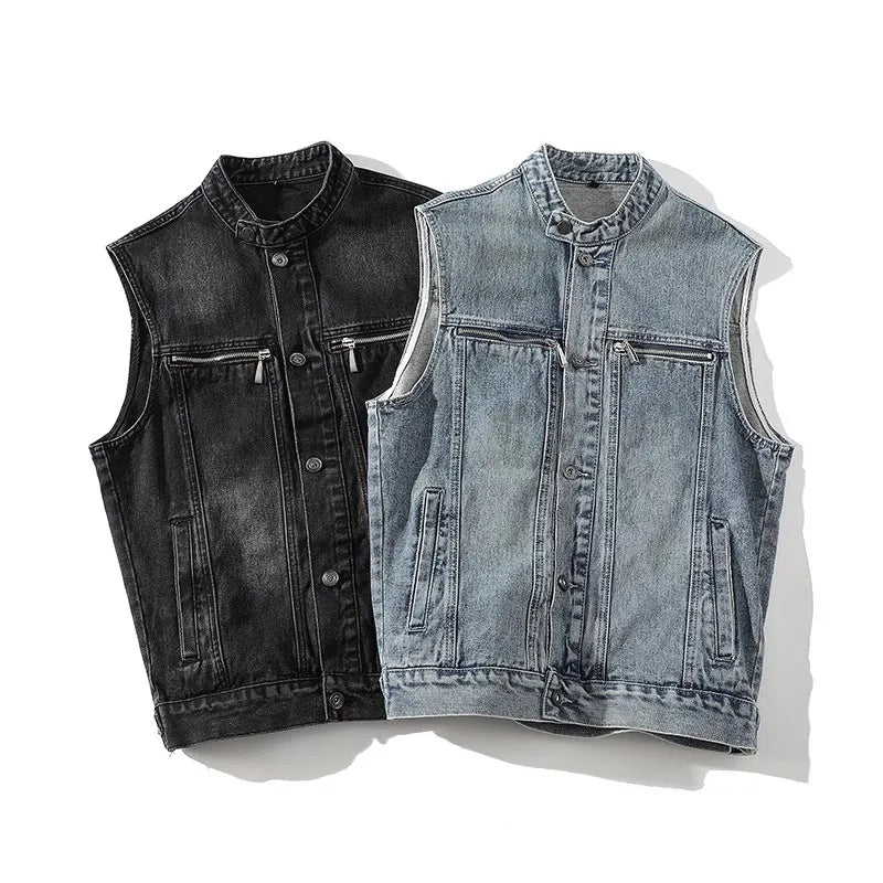 Autumn Denim Vest Men Sleeveless Moto Biker Jean Jacket Coat Mens Stand Collar Denim Waistcoat Streetwear