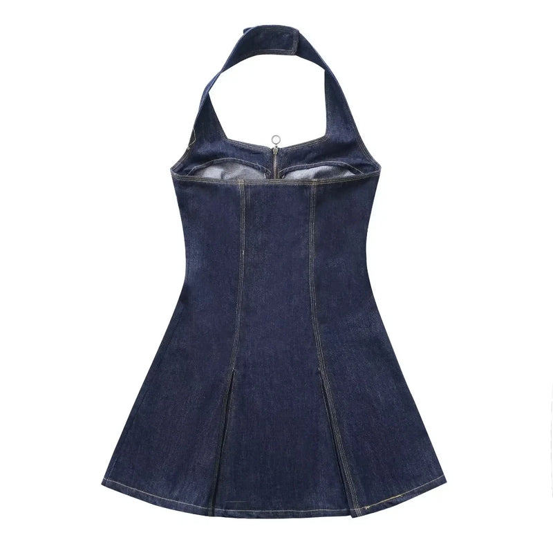 Women Denim Dress Solid Halter Front Zipper Straight Sleeveless Mini Dress Summer Dress