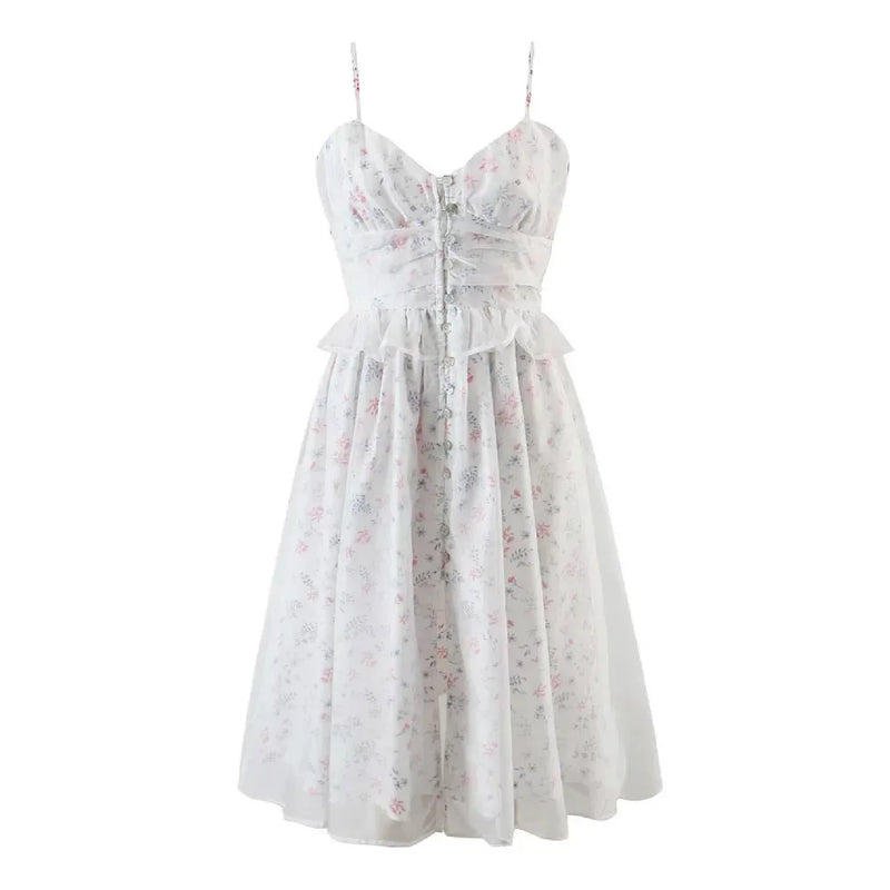 Princess White Floral Ball Gown Sling Organza Dress Women Buttons Slit Spliced Wood ears Swing Midi Fairy