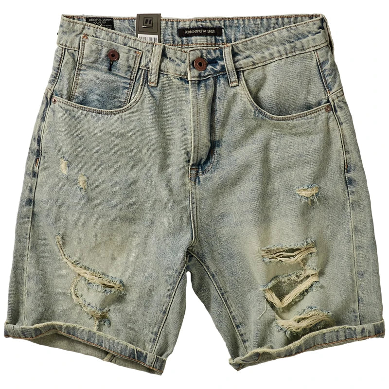 Summer American Retro Holes Denim Shorts Men's Washed Old Loose Straight Casual Knee Length Pants