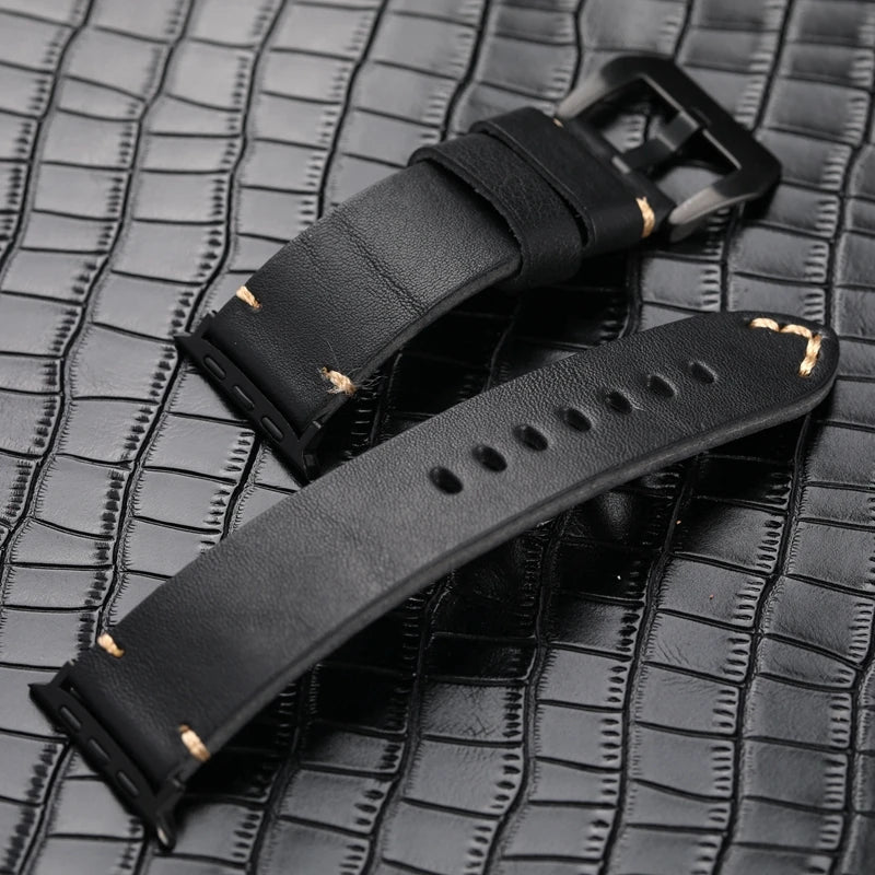 Handmade Black Leather Watchband For Apple iwatch 8/7 Ultra Men Vintage Bracelet