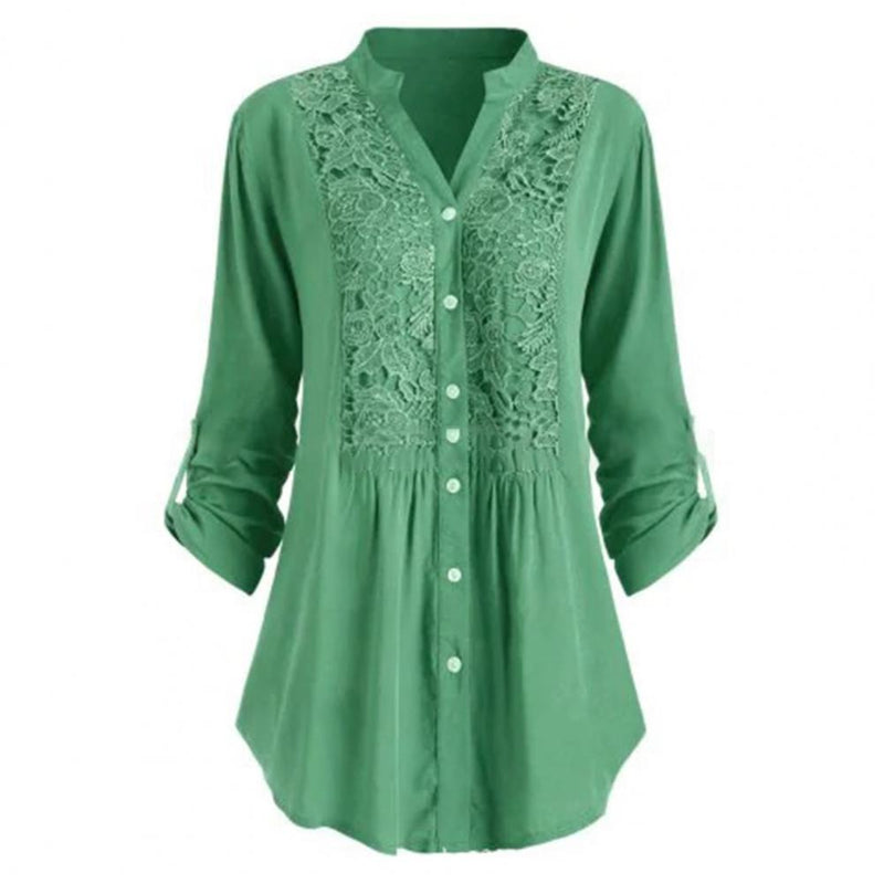 Lace Splicing Women Blouse Stand-up Collar Comfortable Tops Button Placket Loose Spring Shirt for Office