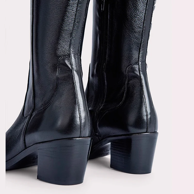 Women's Knee High Boots Med Heels Round Toe Black Dress Casual Female Autumn Winter Warm Shoes