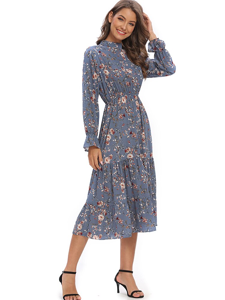 Summer Floral Chiffon Blue Dress Women O-Neck Long Sleeve Lotus Leaf Dress Female Mid Length A-line Chic Ladies Dress