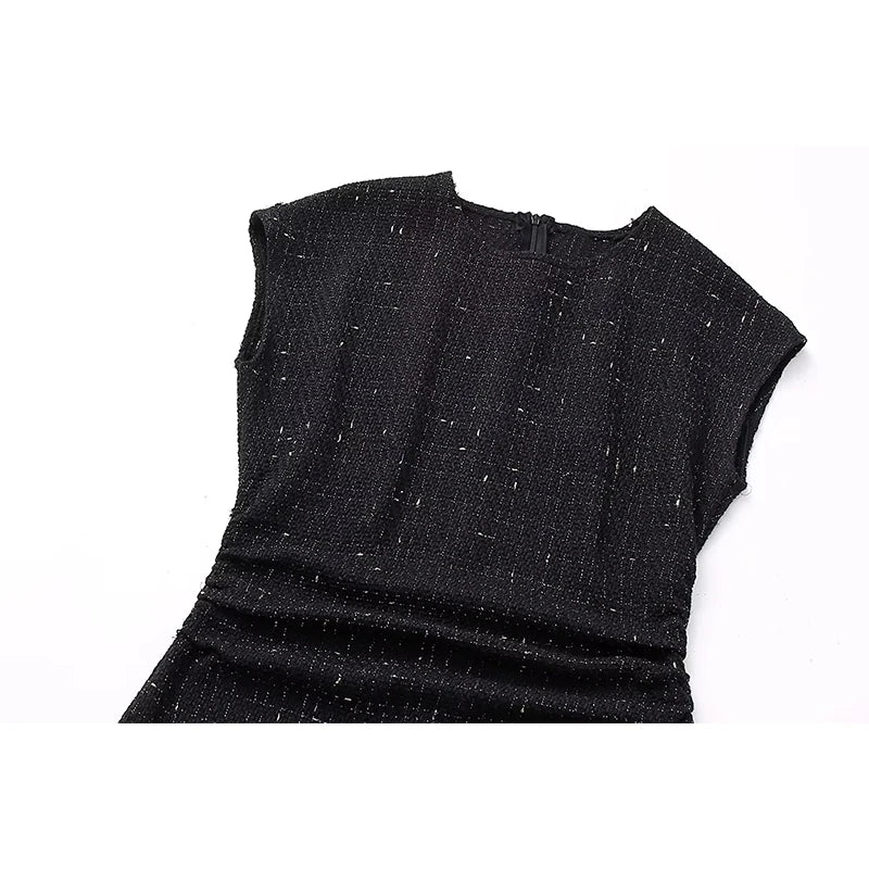 Women Round Neck Short Sleeve Shiny Metallic Thread Black Dress Party