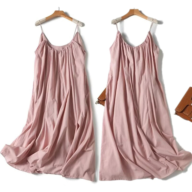 Summer Dress Women Midi Dress Pleated Linen Sexy Elegant Minimalist Pink Suspenders Dress