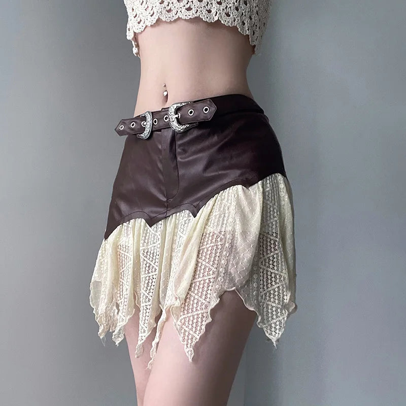 Women Skirt Summer Leather Lace Patchwork Casual Irregular Hem Mini Skirt Spicy Girl Short Skirt