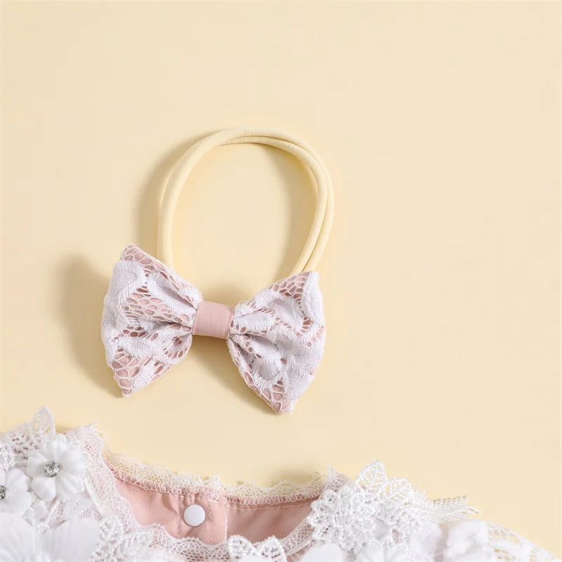 Summer Infant Newborn Girl Outfit Short Sleeve Lace Patchwork Bodysuit Bowknot Headband Clothes