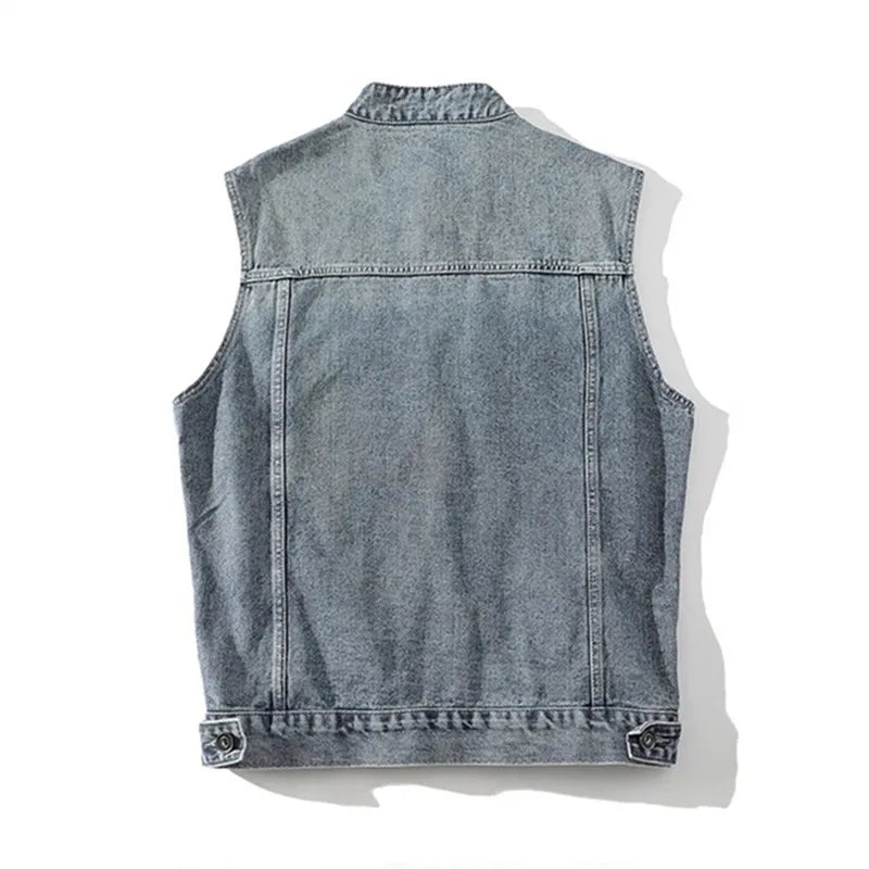 Autumn Denim Vest Men Sleeveless Moto Biker Jean Jacket Coat Mens Stand Collar Denim Waistcoat Streetwear