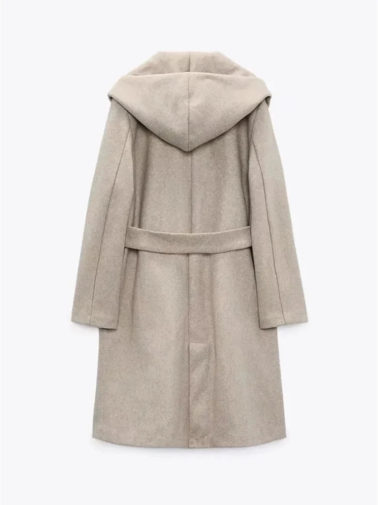 Solid Belt Decorate Elegant Casual Long Hooded Coat Trench Women Jacket