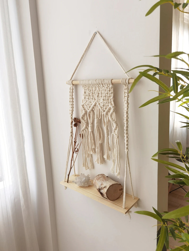 Macrame Wall Shelf Wood Floating Shelves Flower Pot Display Stand Hanging Wall Boho Home Decoration