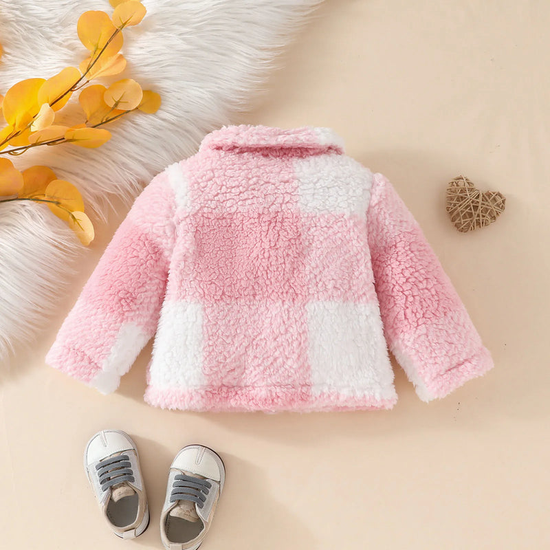 Infant Baby Girls Fall Winter Fuzzy Jacket Lapel Plaid Coat Thicken Warm Outerwear