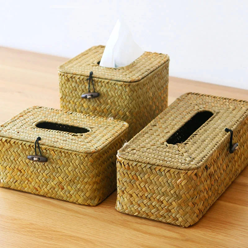 Straw Tissue Box Handmade Woven Napkin Holder Box Roll Paper Tray Car Living Room Storage Box Home Decor