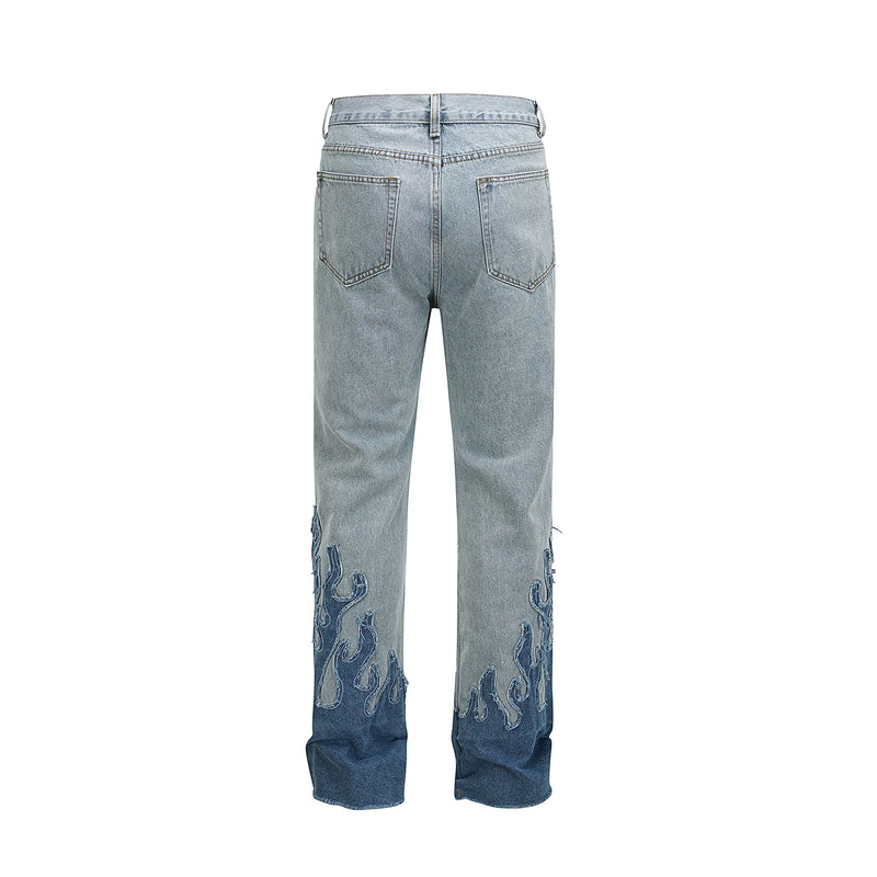 Blue Flame Patchwork Baggy Men Jeans Pants Casual Denim Trousers