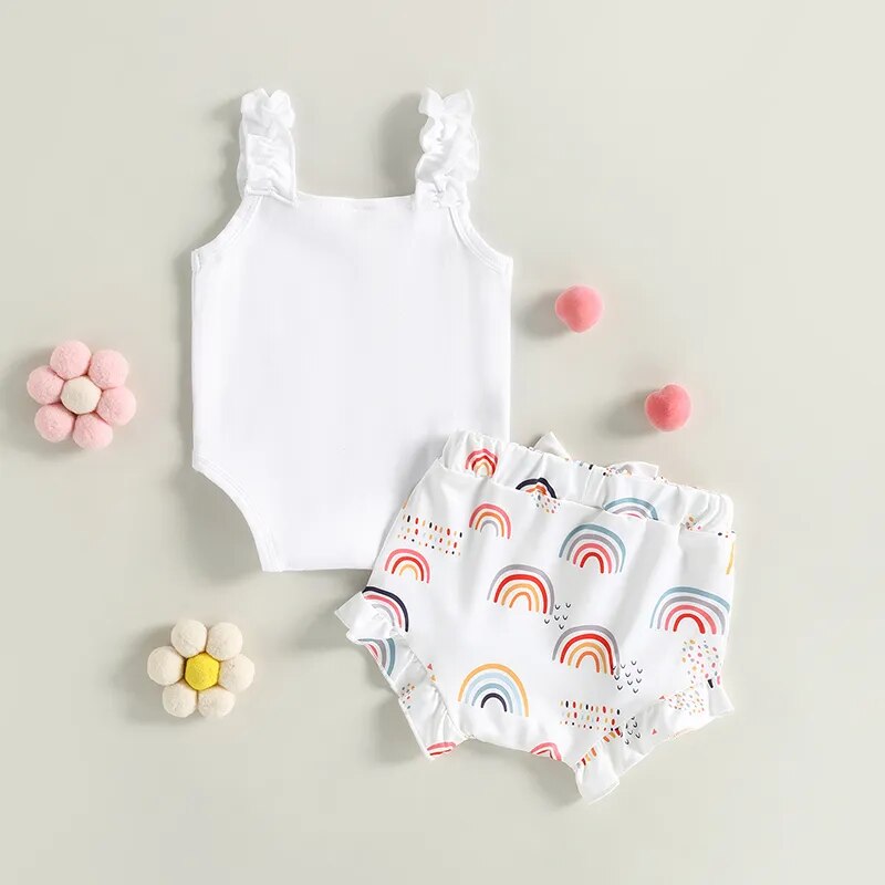 Baby Girls Summer Clothes Sets Ruffles Sleeveless Rainbow Letter Print Bodysuits Bowknot Shorts Casual Outfits