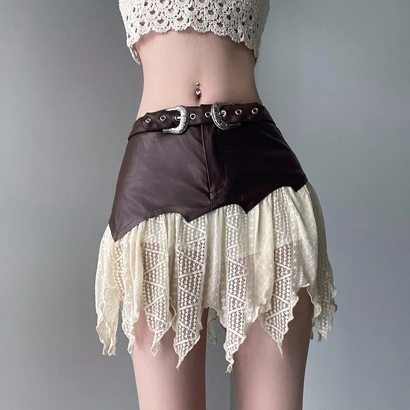 Women Skirt Summer Leather Lace Patchwork Casual Irregular Hem Mini Skirt Spicy Girl Short Skirt