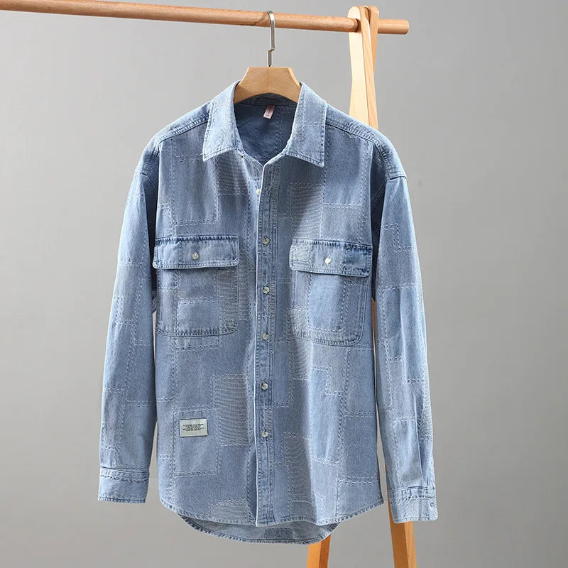 Denim Shirt Men High Street Casual Light Blue Jean Tops Pure Spliced Designer Shirt