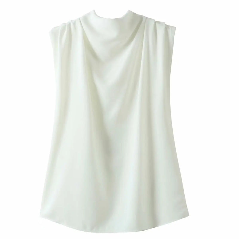 women stand collar pleats sleeveless smock shirt ladies blouses chic tops