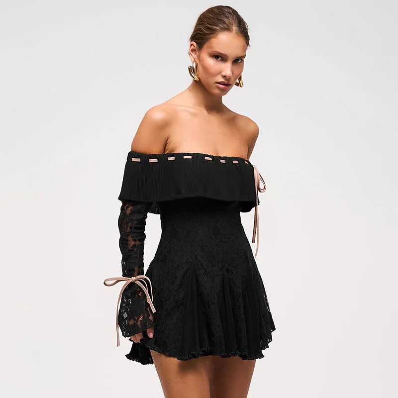 One Shoulder Lace Dress For Women Bandage Folds Mini Dress