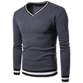 Mens Warm Clothing Contrast Color Striped Hem V Neck Pullover Casual Winter Autumn Sweatshirt Long Sleeve Slim Fit T-shirt