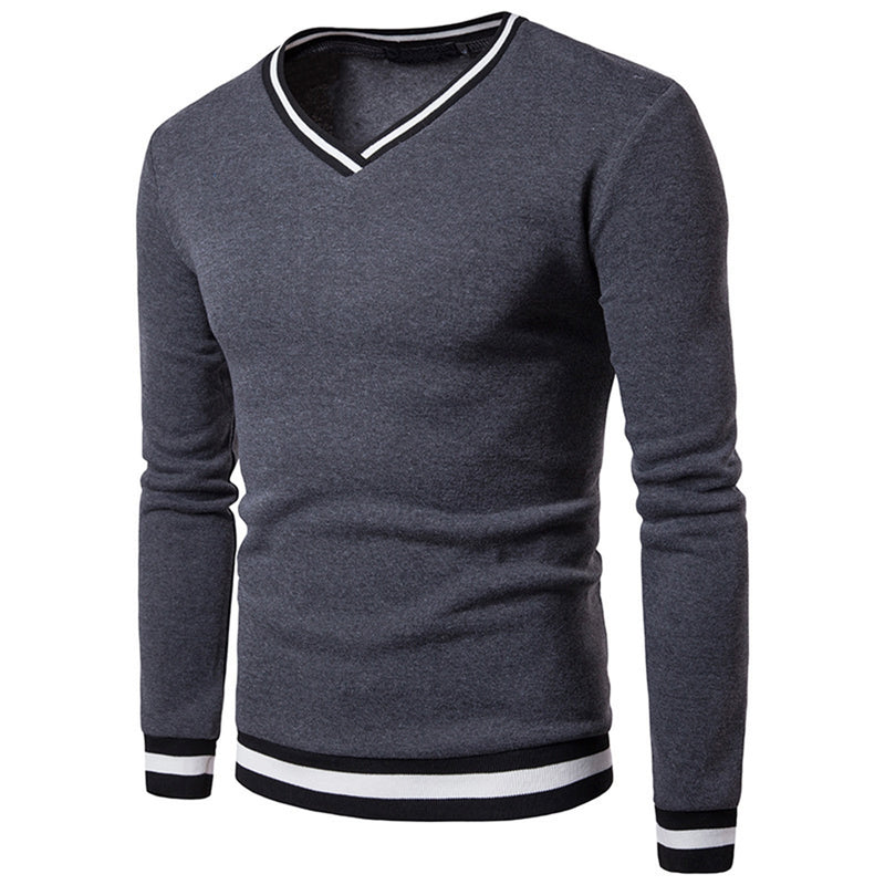 Mens Warm Clothing Contrast Color Striped Hem V Neck Pullover Casual Winter Autumn Sweatshirt Long Sleeve Slim Fit T-shirt