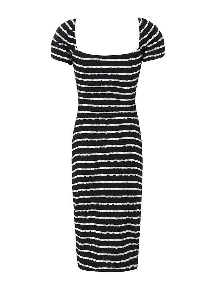 Women Striped Stretch Knit Midi Dress Cute Square Collar Sexy Slim Chic Puff Sleeve Dresses