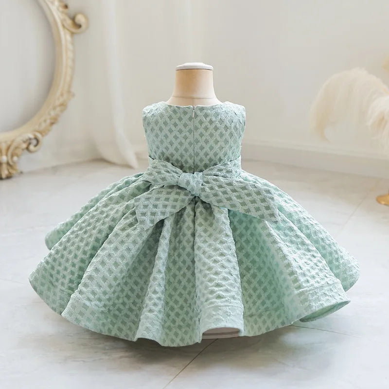 Sweet Solid Plaid Flower Baby Dress Kids Evening Birthday Party Outfit For Girls