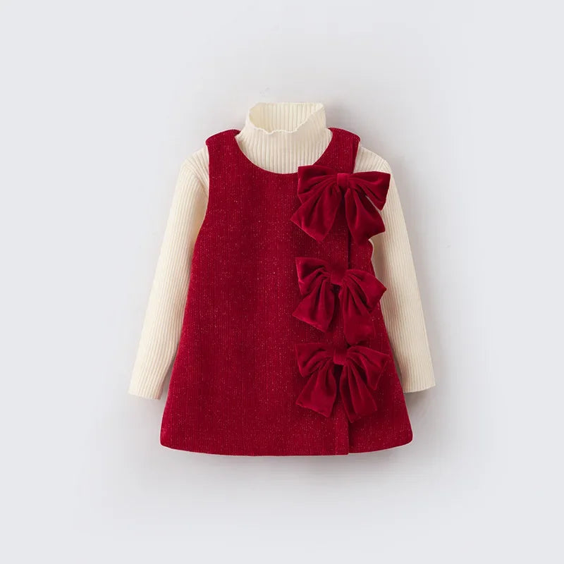 Winter Dress for Kids Girl Sleeveless Thickened Velvet Base Flower Bow Christmas Dresses