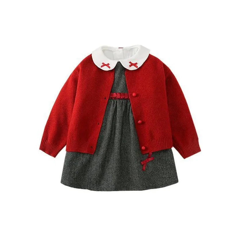 First Birthday Party Dress Set for Baby Girls Kids Red Knitted Cardigan