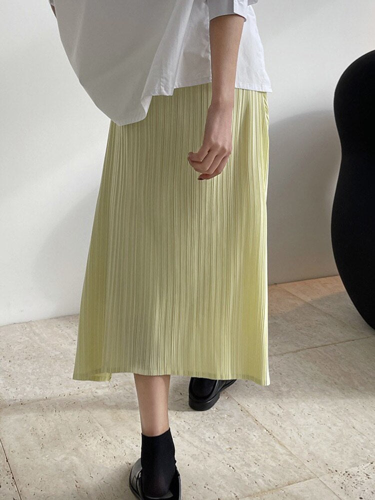 High Elastic Waist Yellow Irregular Pleated Casual Half-body Skirt Women Tide Spring Autumn