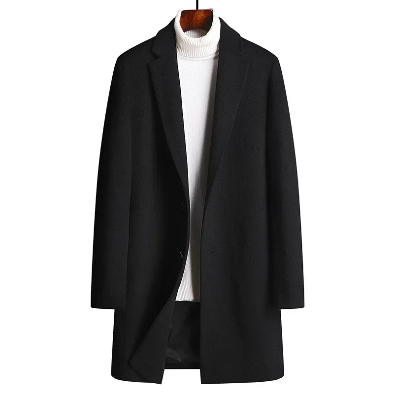 Autumn Winter Woolen Coat Men Slim Fit Long Woolen Blend Coat Thick Jacket Overcoat