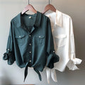 Linen Women Shirts Summer Collar Pocker Long-Sleeved Casual Female Outwear Tops