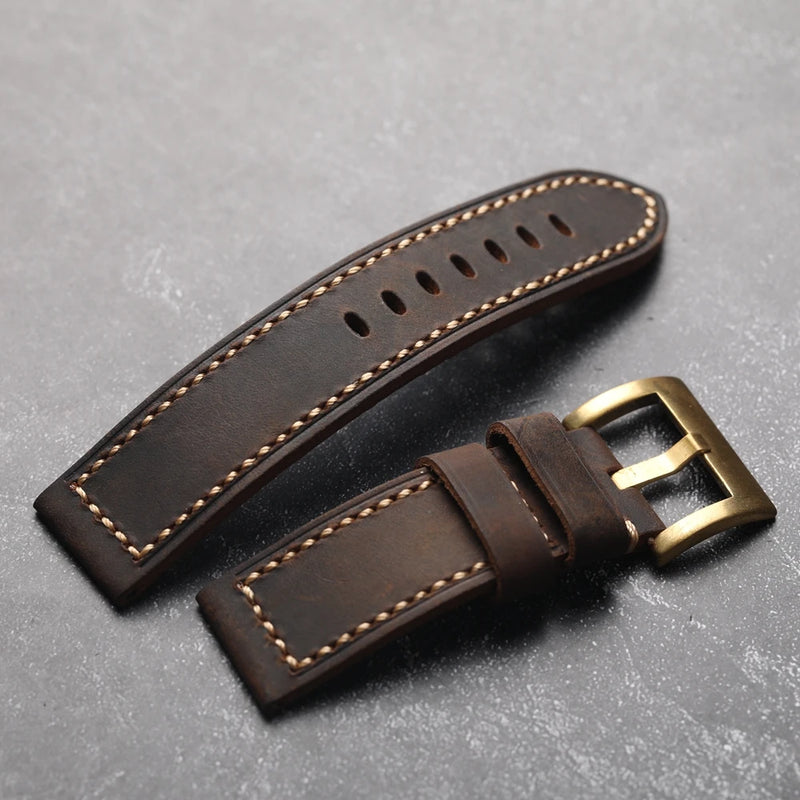 Vintage Brown Folding Head Layer Watch Band Thick Brass Buckle Genuine Leather Watch