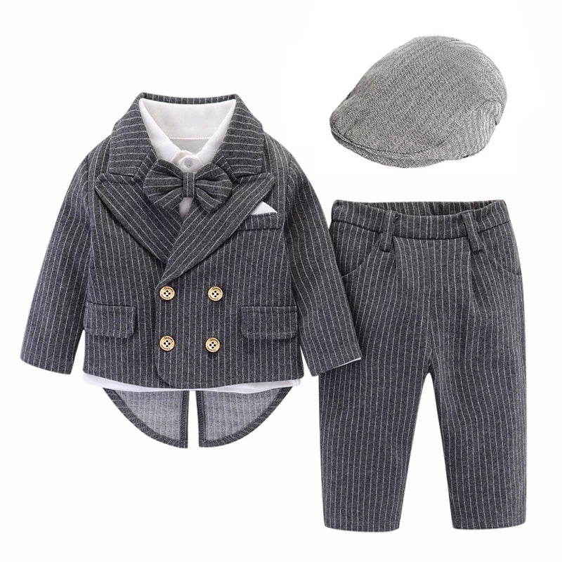 Baby Boy Tuxedo Clothing with Hat Spring Cotton Suit Newborn Birthday Dress