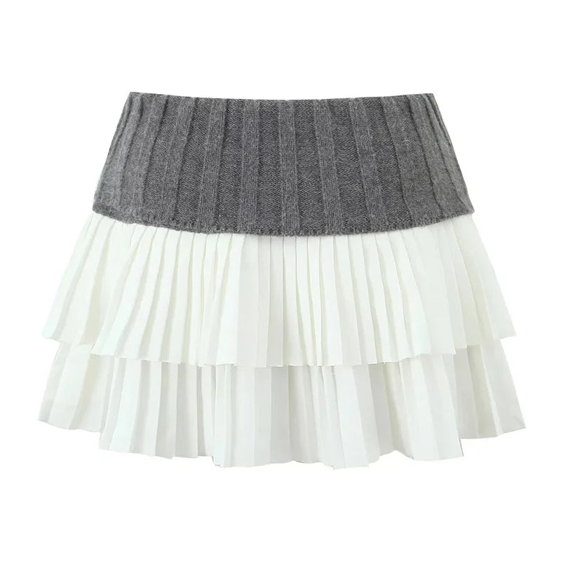 Women Knitted Patchwork Pleated Mini DOUBLE LAYER SKIRT