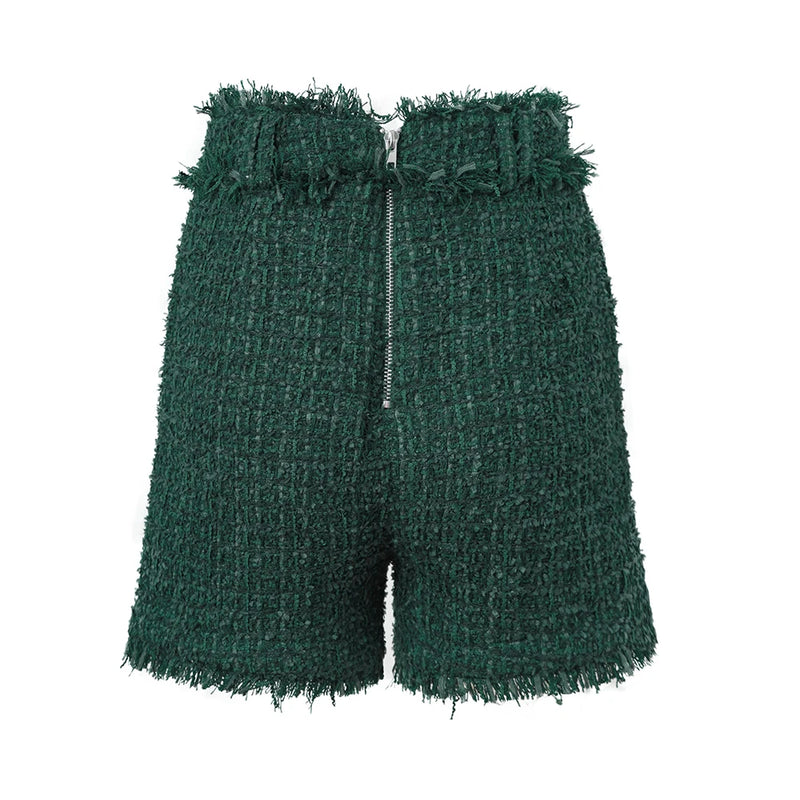 Winter Luxury Woven Fabric Warm Design Women Tweed Casual Green Shorts Female