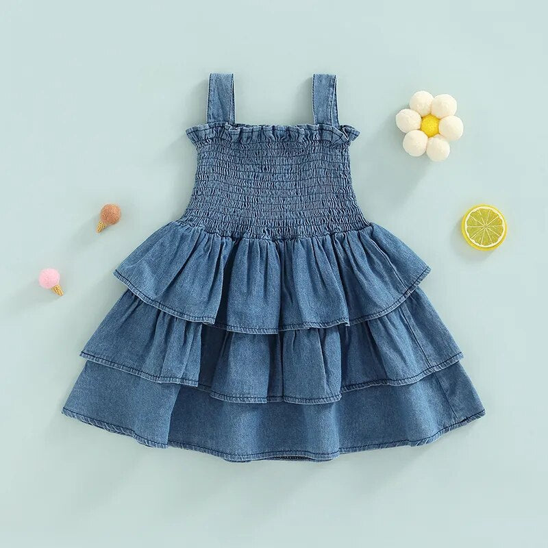 Little Girls Casual Dress Summer Toddler Kids Princess Girls Solid Denim Sleeveless Strap Layered Party Dresses for Child