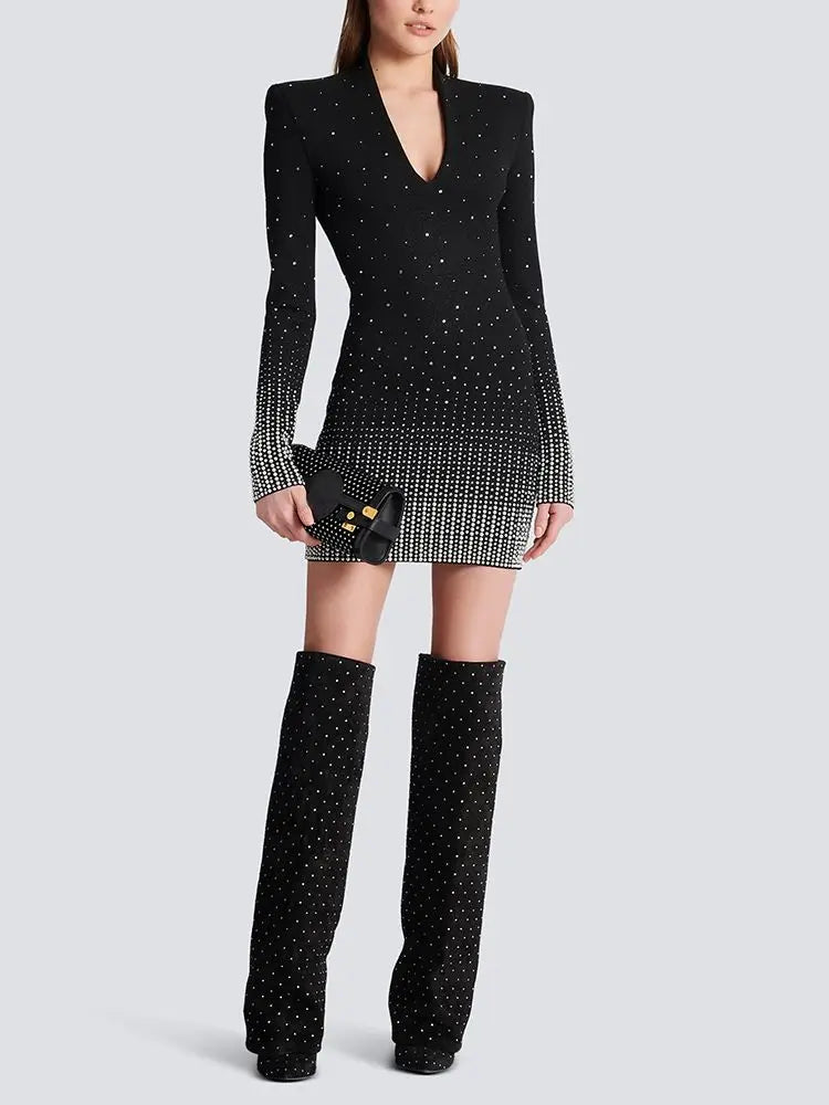 Women V-neck Long Sleeve Tight Diamond Embroidery Knitted Mini Dress Elegant