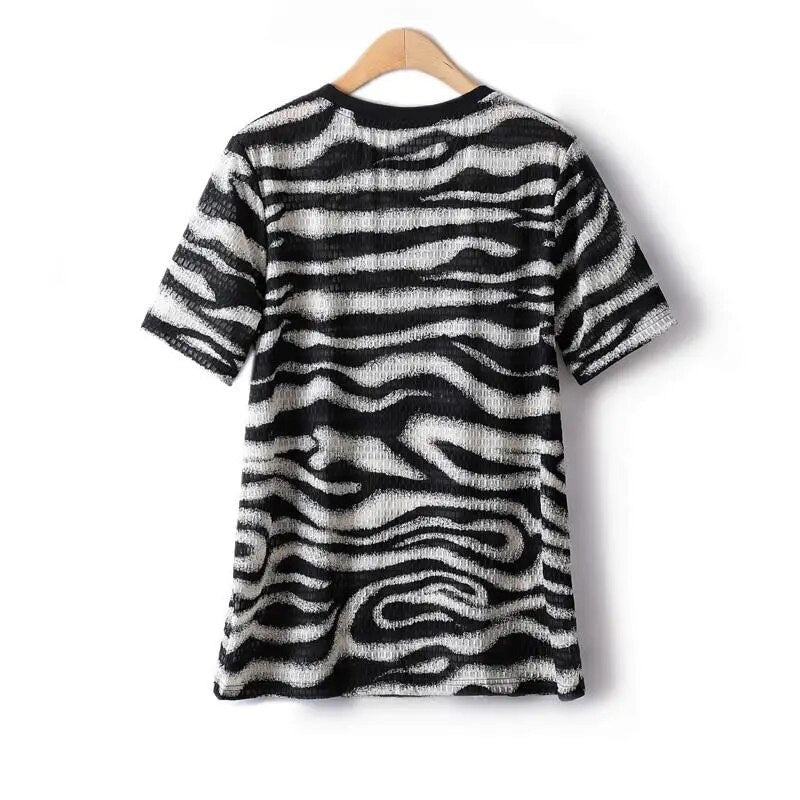 Woman Blouse Zebra Pattern Cool Hollow Straight Stretch Chiffon Summer Women T-shirts