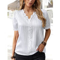 V-neck Elegant Summer Blouse Women Lace Hollow Out Short Sleeve Tops Loose Ladies Office Simple Casual Shirts