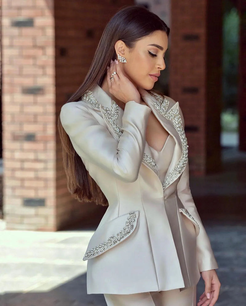 Modern Crystal Women Suits One Button Shiny Pocket Blazer Custom Made Slim Fit Elegant Celebrity Jacket