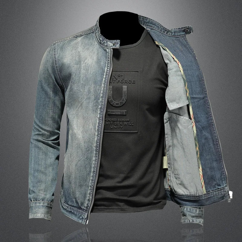 Men Retro Denim Jackets Patchwork Motorcycle Biker Coats Streetwear Slim fit Outerwear